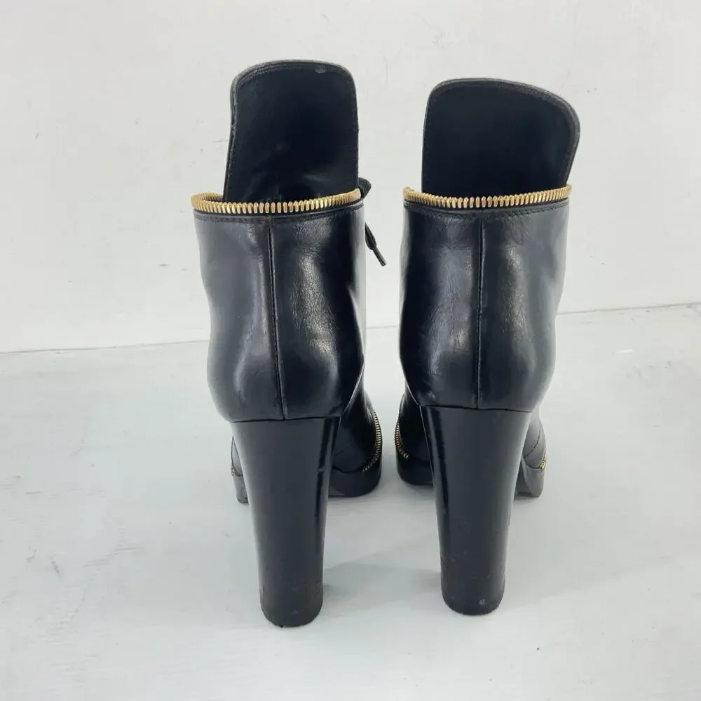 Sergio Rossi Black Leather Lace-Up Ankle Booties with Gold Zipper Trim